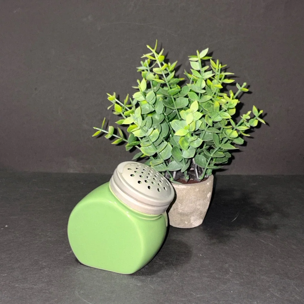 Vtg Retro Green Ceramic Slanted Spice Shaker Sugar Dispenser Metal Lid 1638444